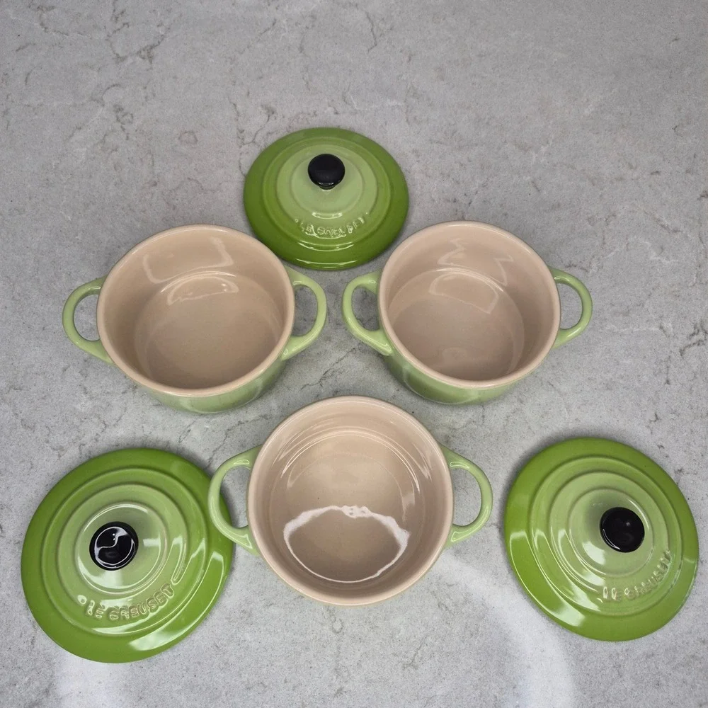 Le Creuset Mini Round Cocotte Set Of 3 Discontinued Kiwi Green Stoneware